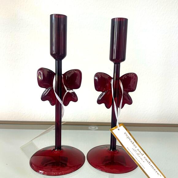 Cupcakes & Cashmere Red Bow Glass Taper Candle Holders Set of 2 Holiday Glam New - Picture 9 of 12